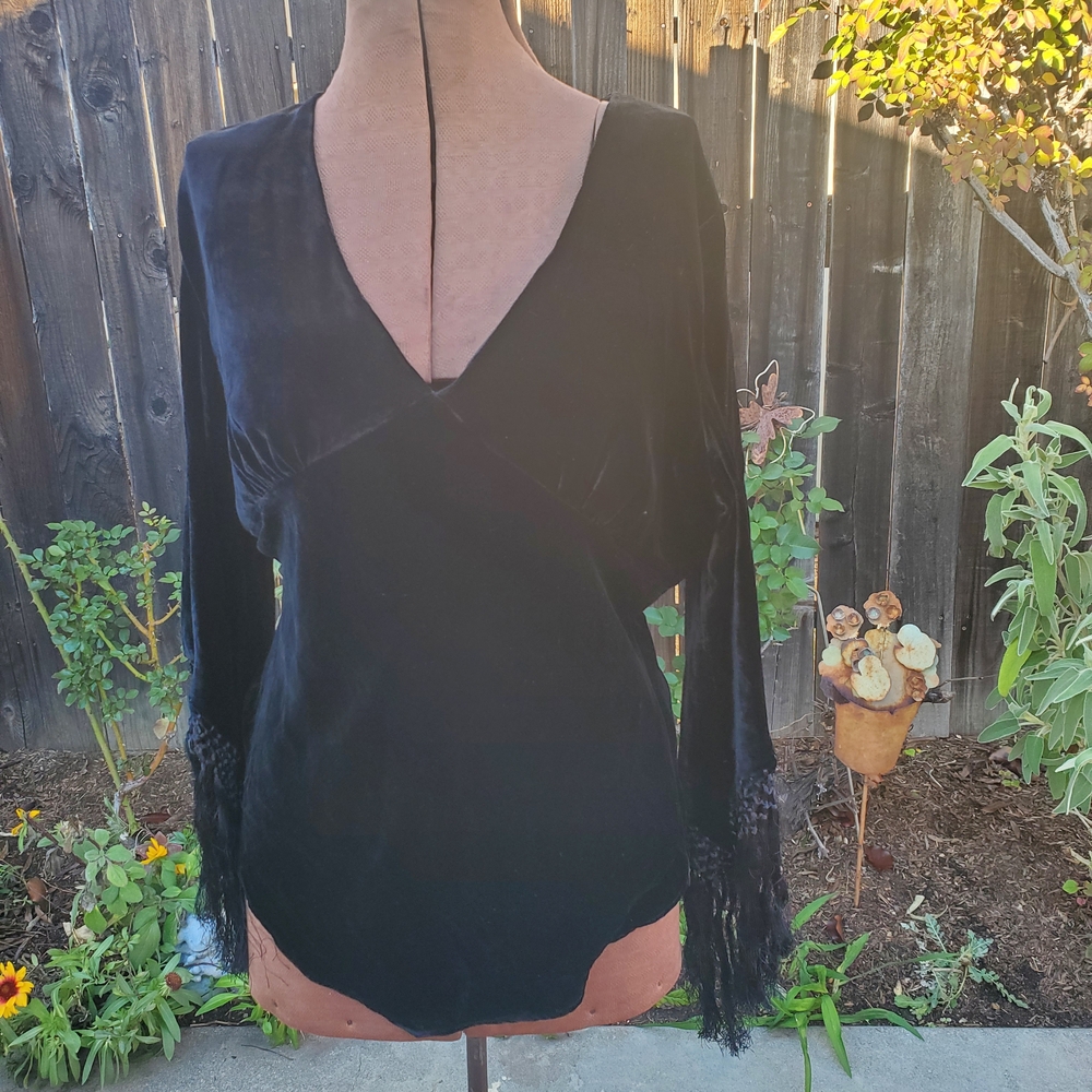 Carole Little Black V-Neck Blouse with Fringe Sleeves Silk Velvet